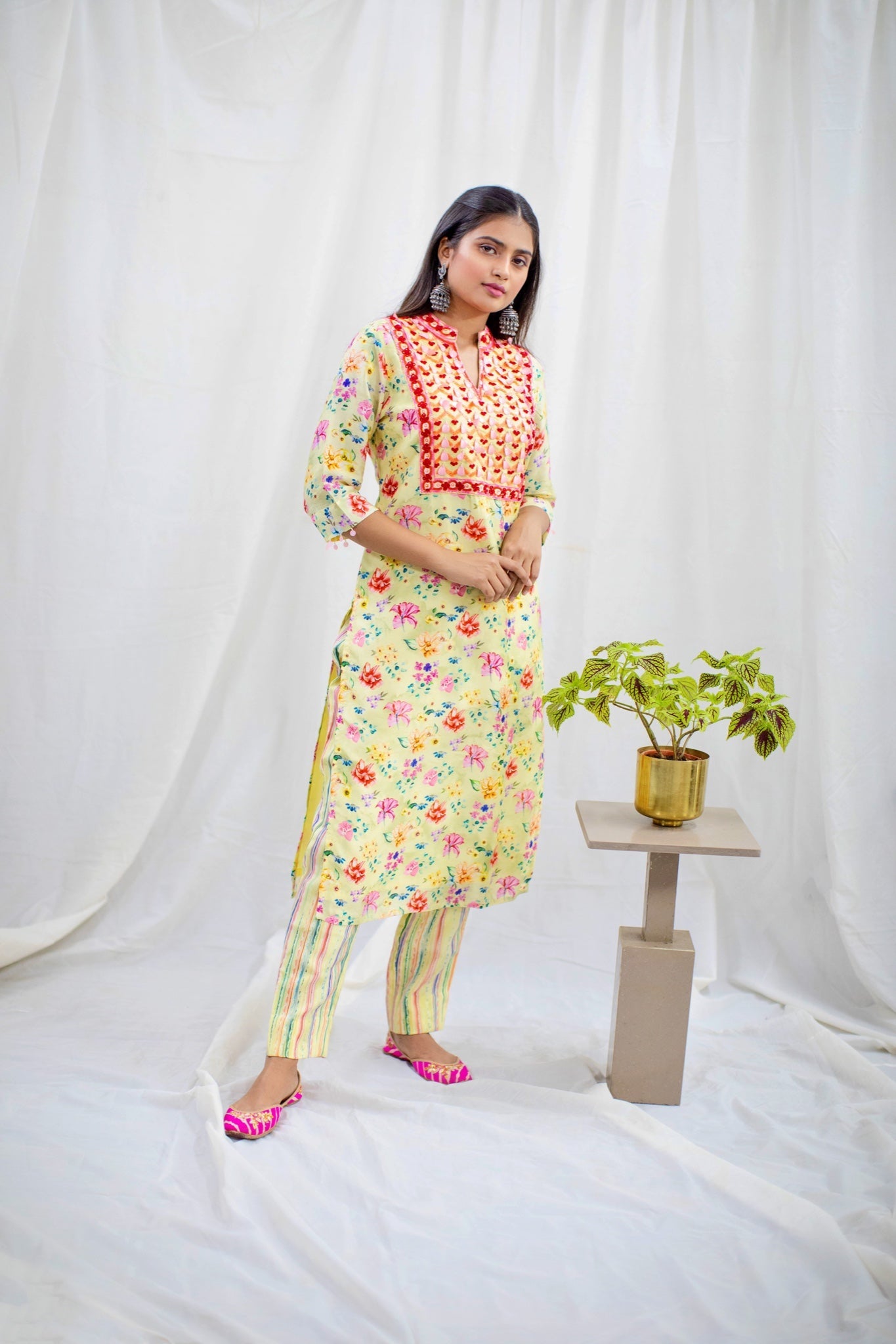 Yellow Kurta & Stripe Pants