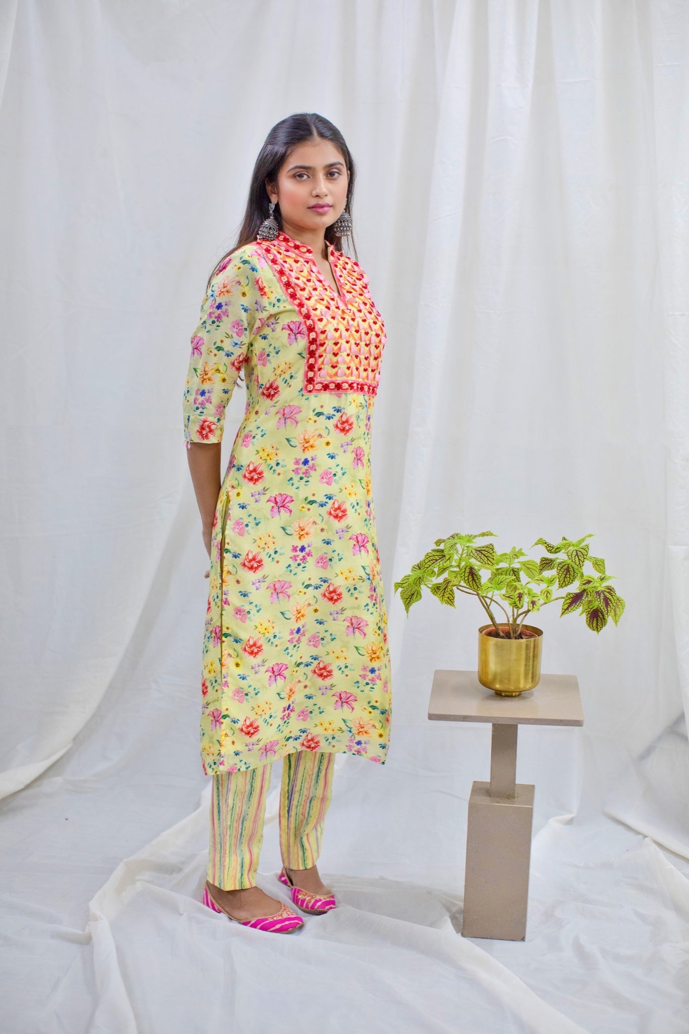 Yellow Kurta & Stripe Pants
