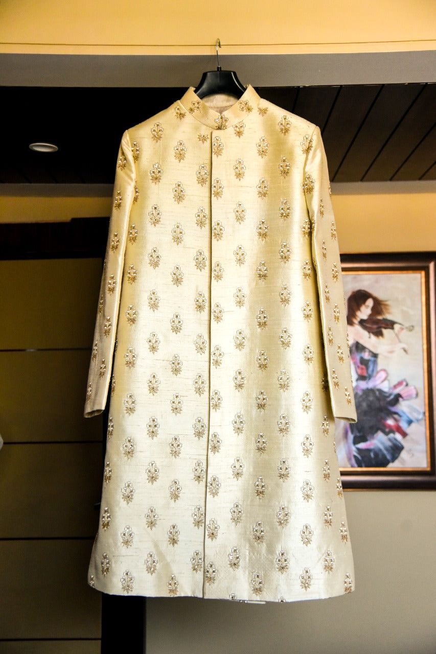 Cream Hand Embroidered Sherwani