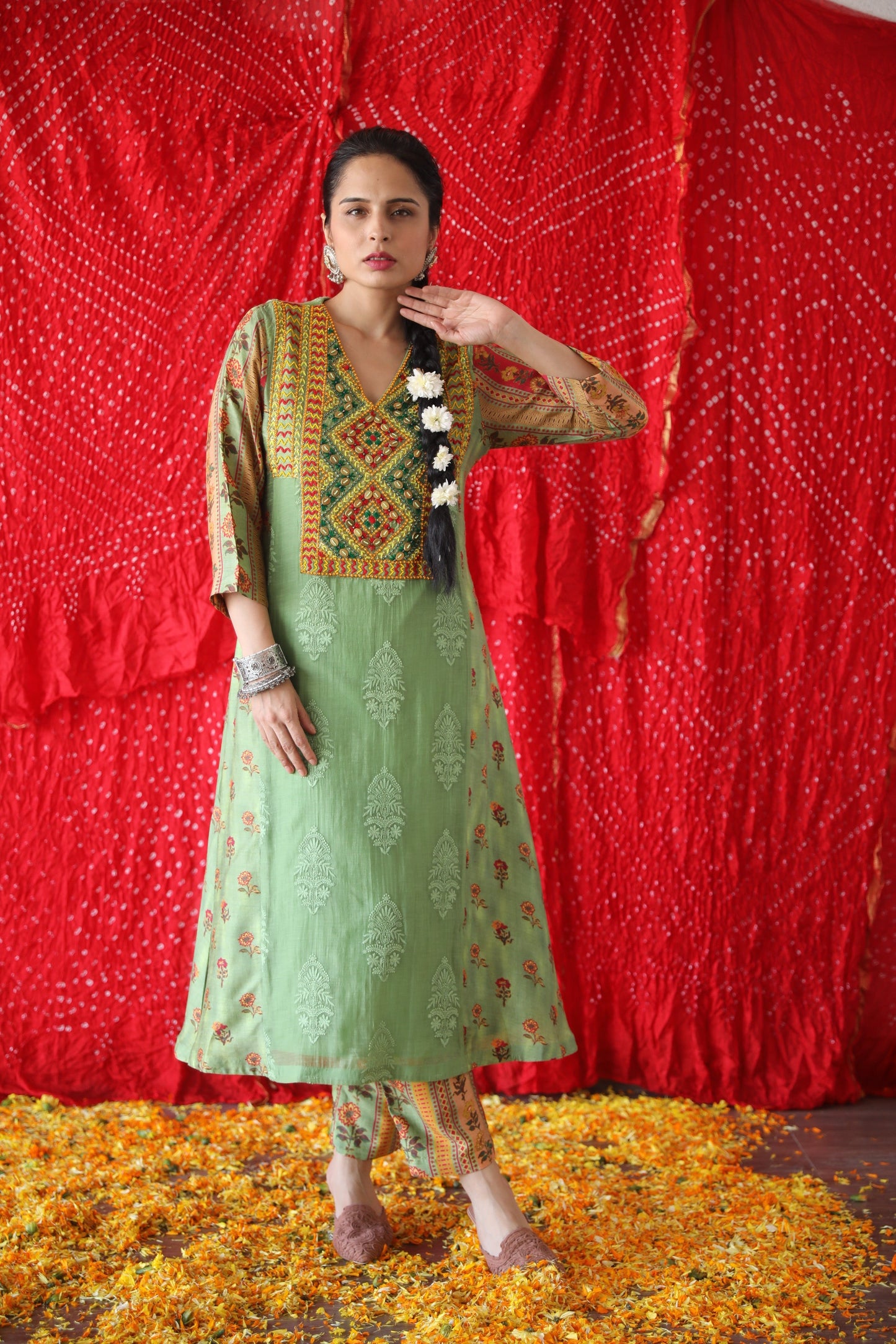 Green A Line Kurta Set