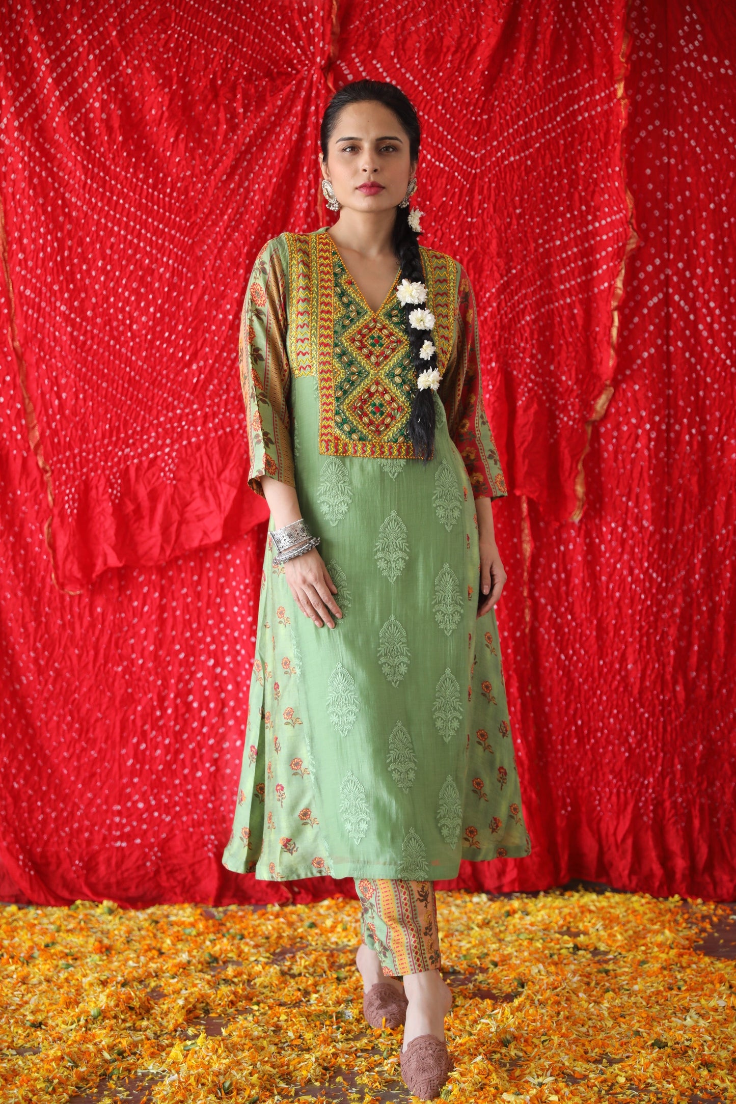 Green A Line Kurta Set
