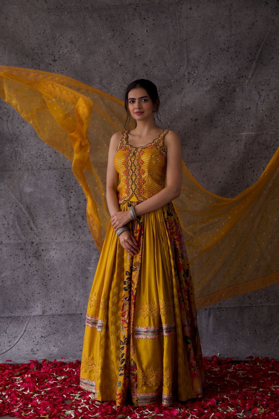 Mustard Floral Print Lehenga