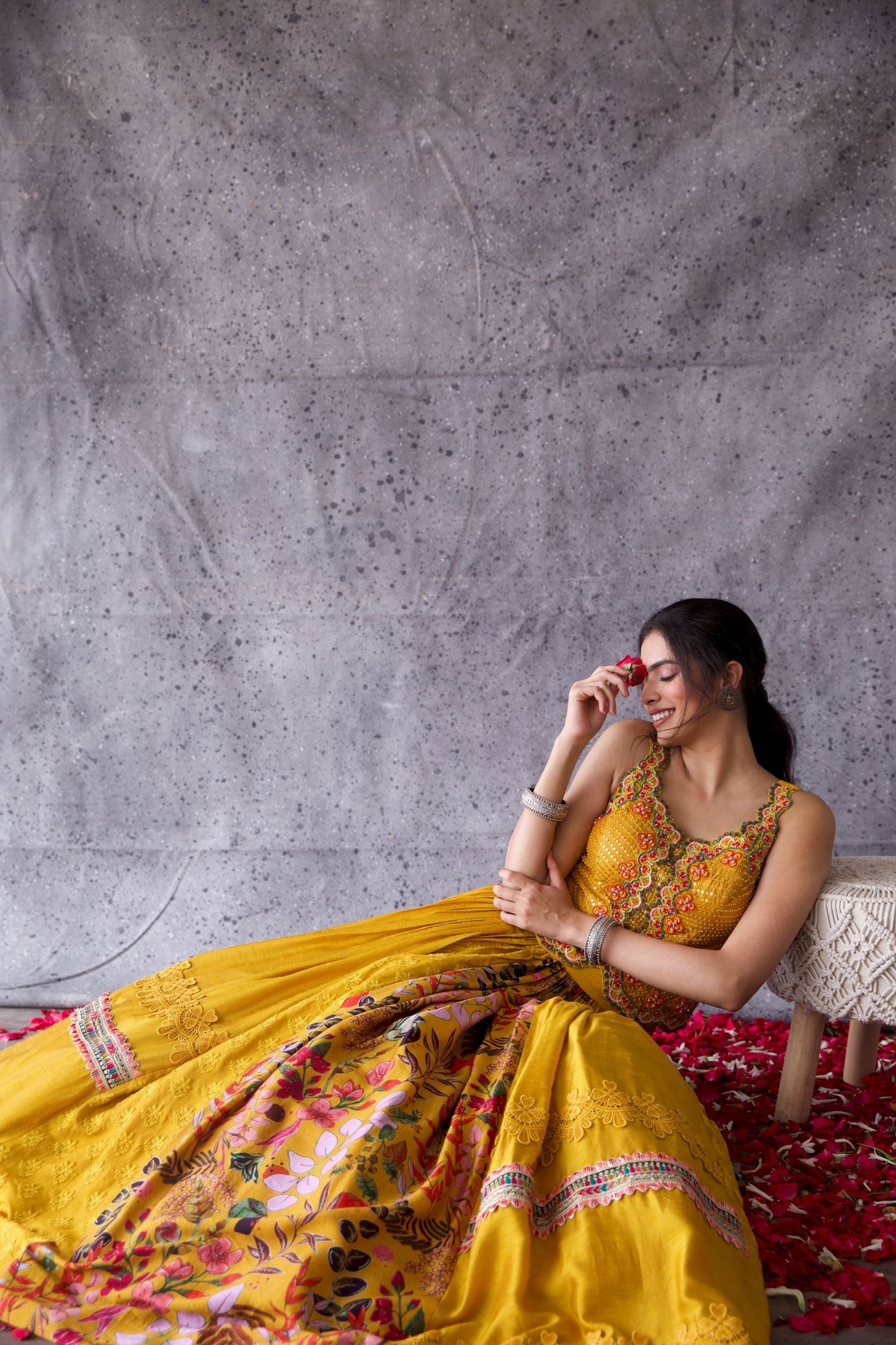 Mustard Floral Print Lehenga