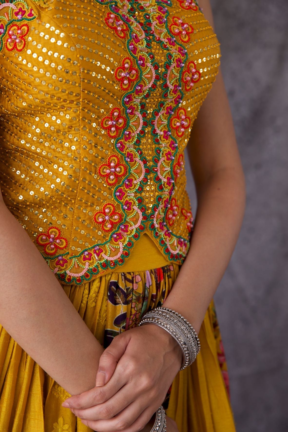 Mustard Floral Print Lehenga