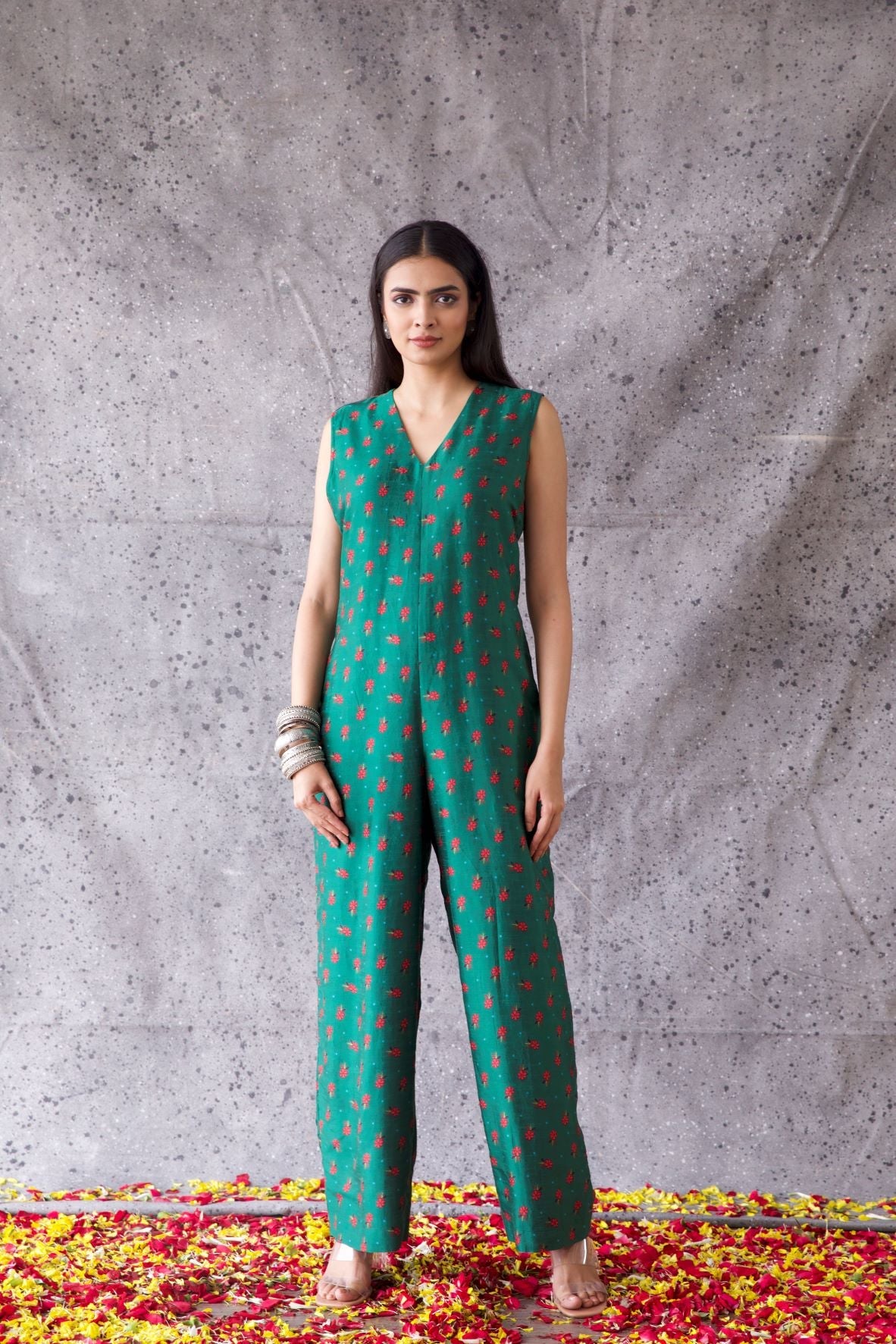 Green Floral Print Jumpsuit