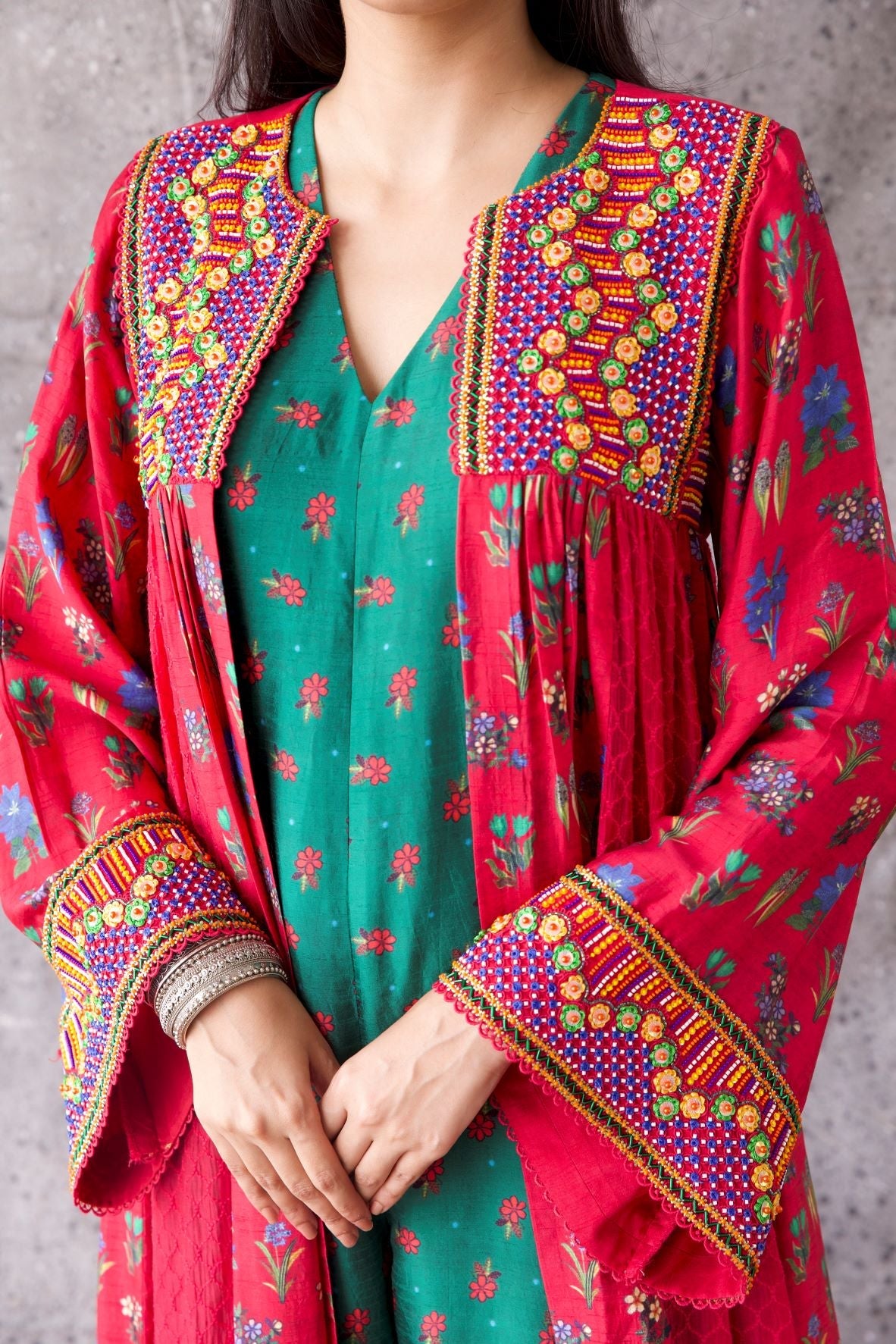 Pink Floral Print Jacket With Jumpsuit