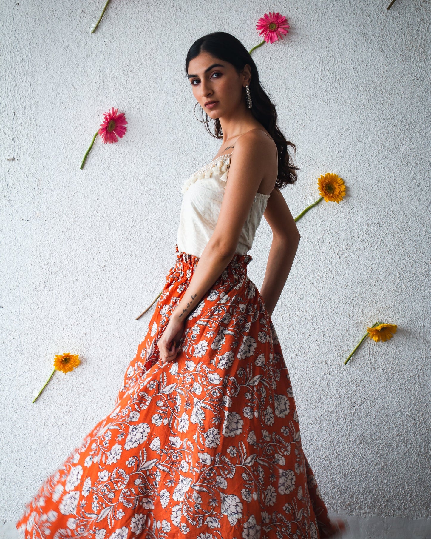 Orange Flowery Skirt Set