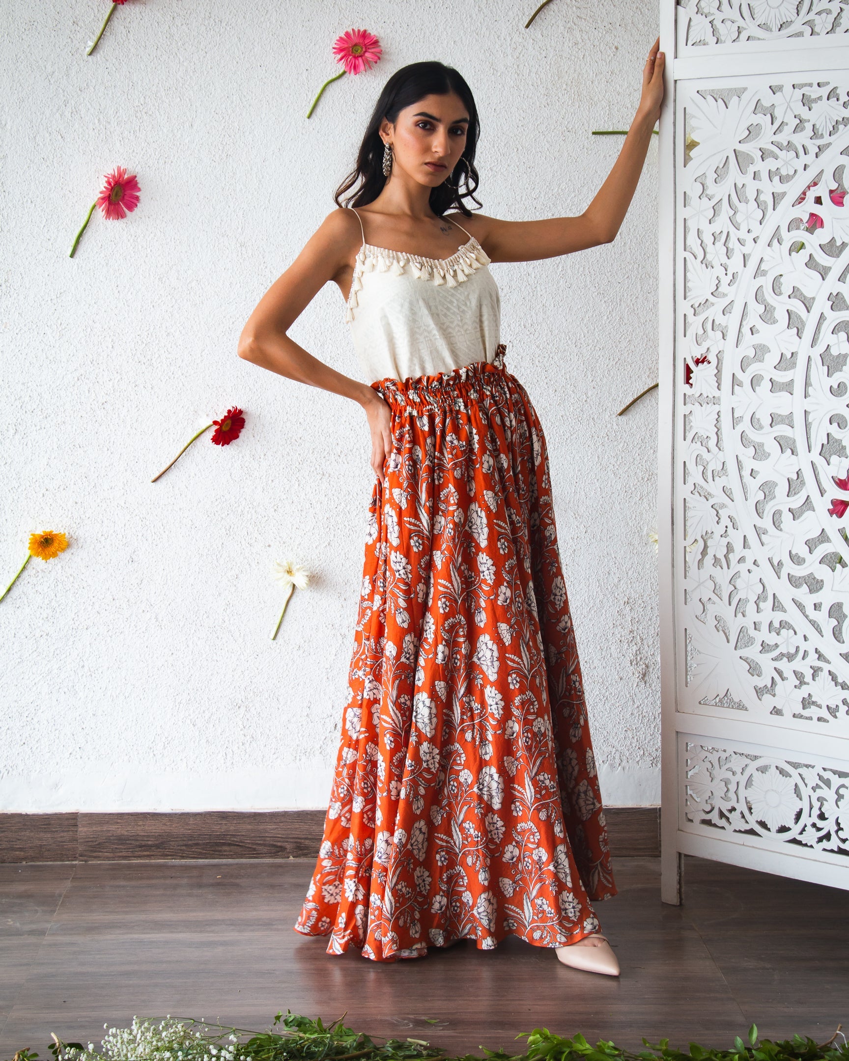 Orange Flowery Skirt Set