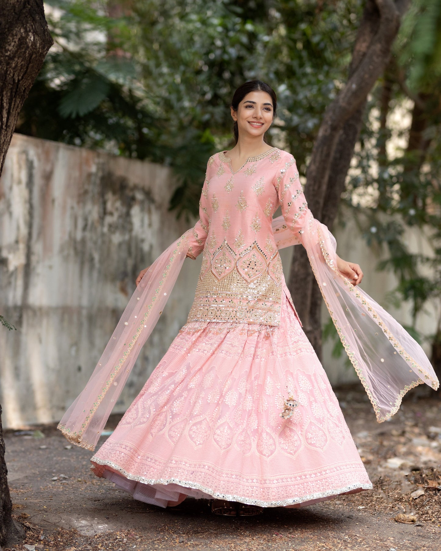 Peach Short Kurta & Lehenga