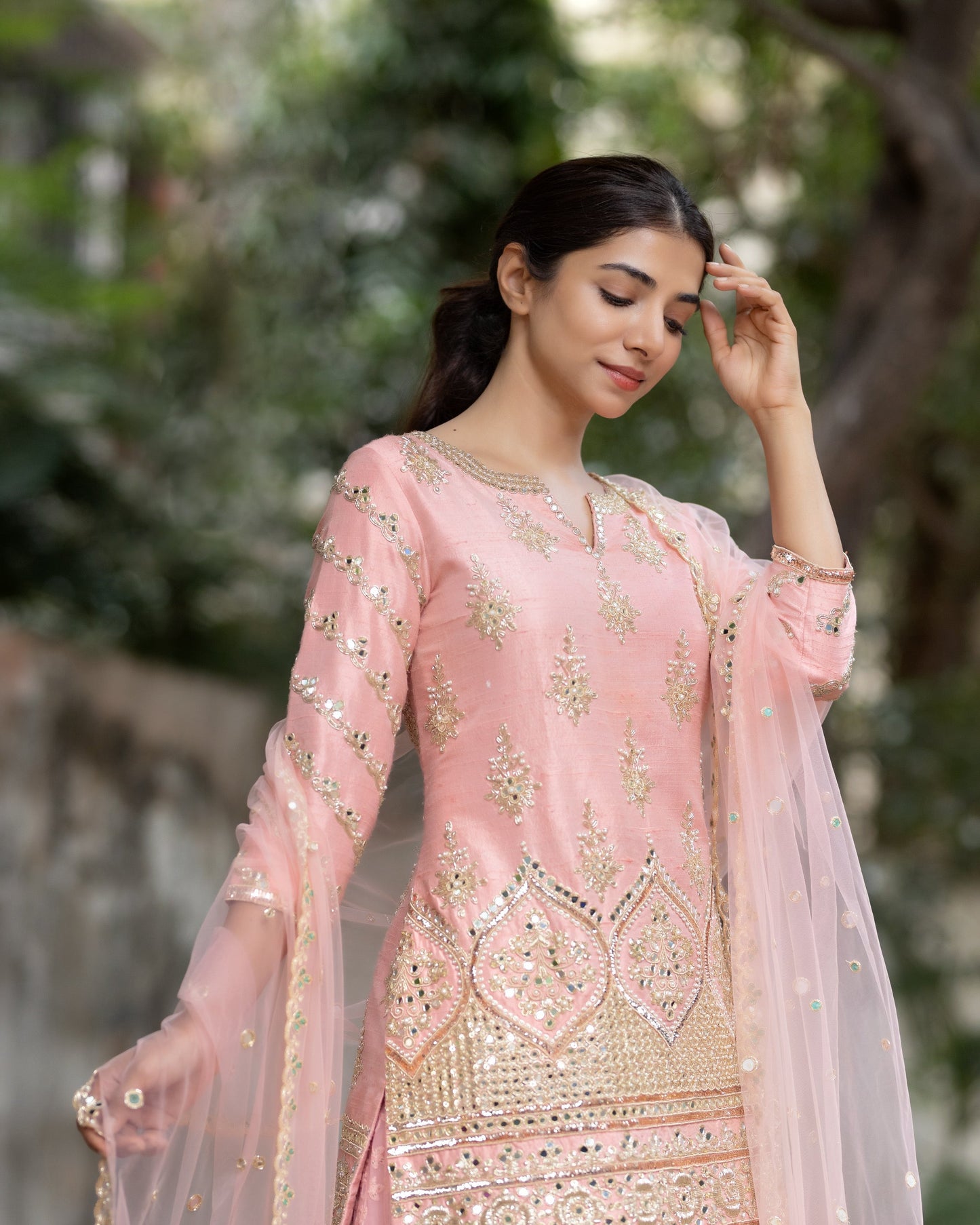 Peach Short Kurta & Lehenga