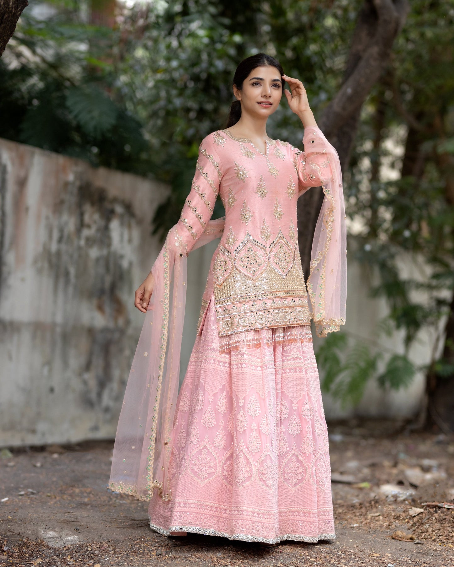 Peach Short Kurta & Lehenga
