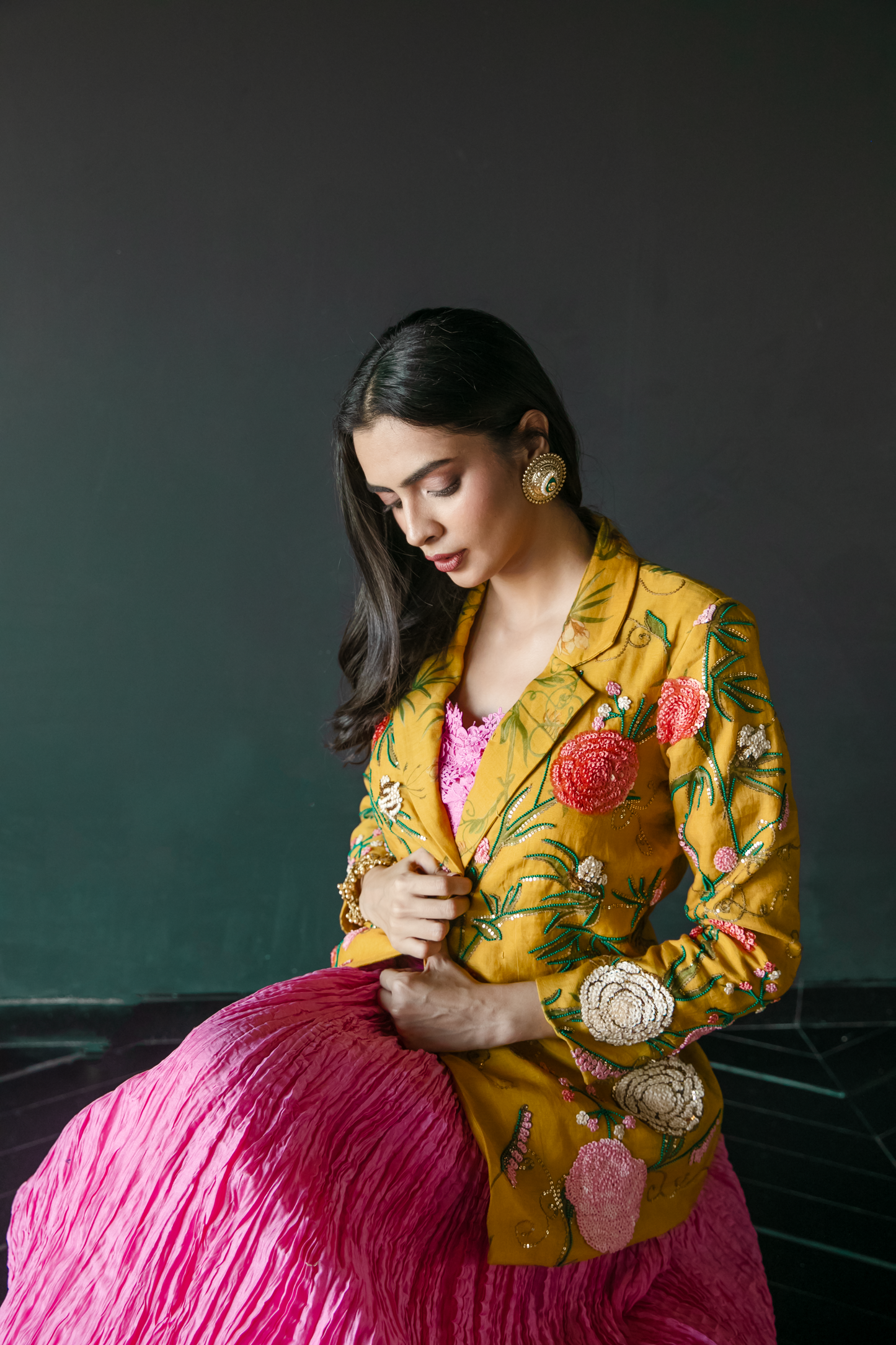 Yellow Jacket With Pink Lehenga & Blouse