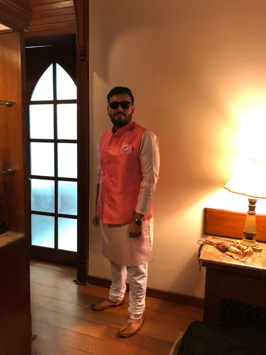 Pink Bandi With Pink Kurta & White Churidar