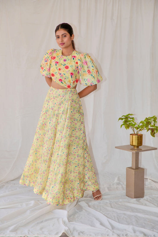 Yellow Floral Waist Cut Dress