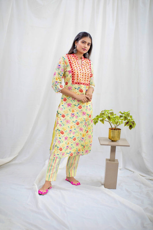 Yellow Kurta & Stripe Pants