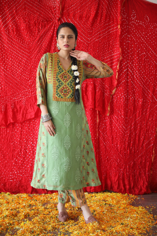 Green A Line Kurta Set