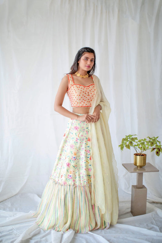 Yellow Floral Hand Embroidered Lehenga