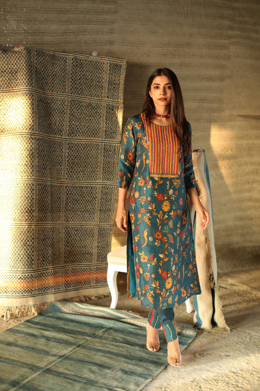 Teal Kalam Kurta Set