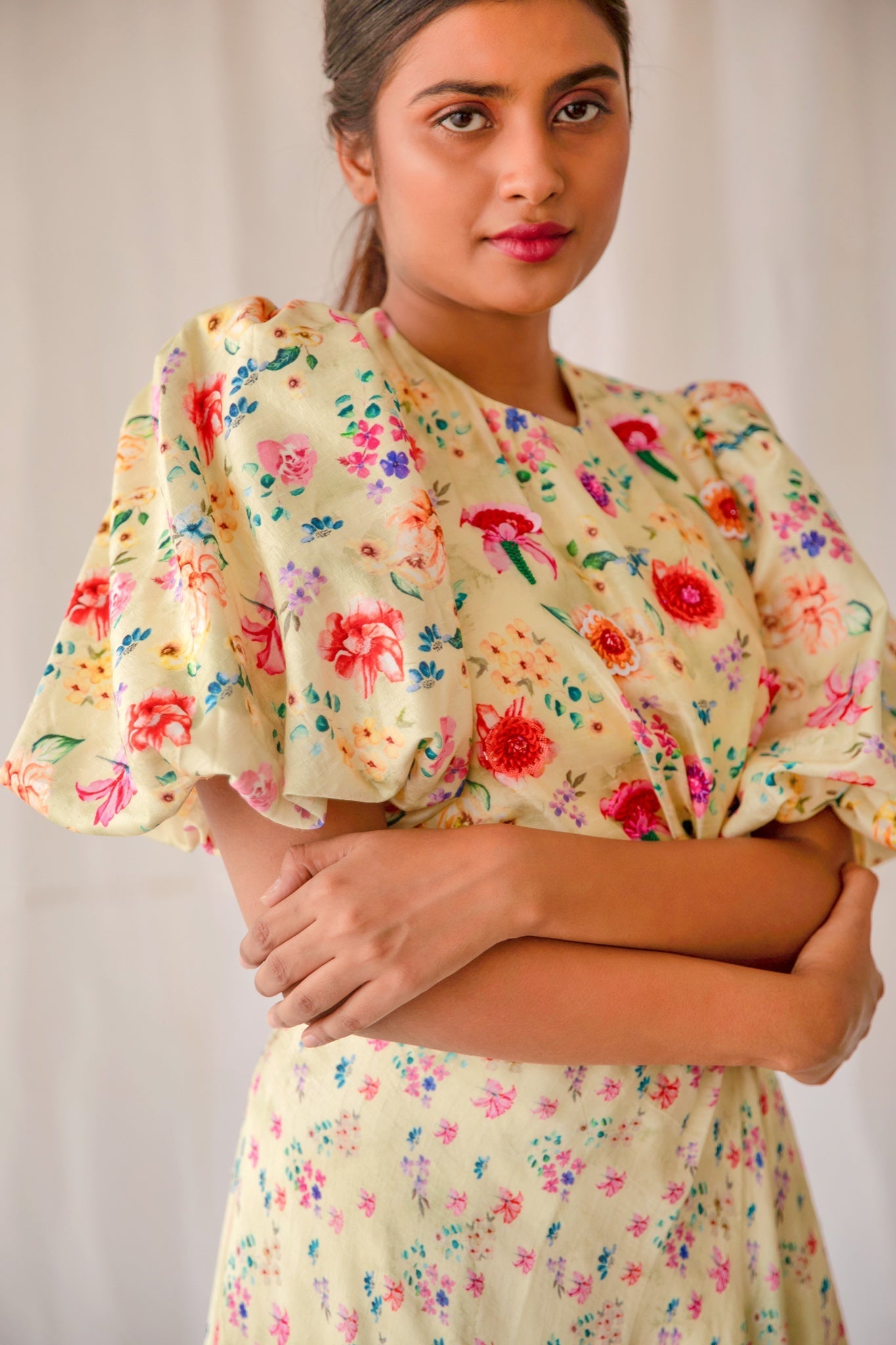 Yellow Floral Waist Cut Dress