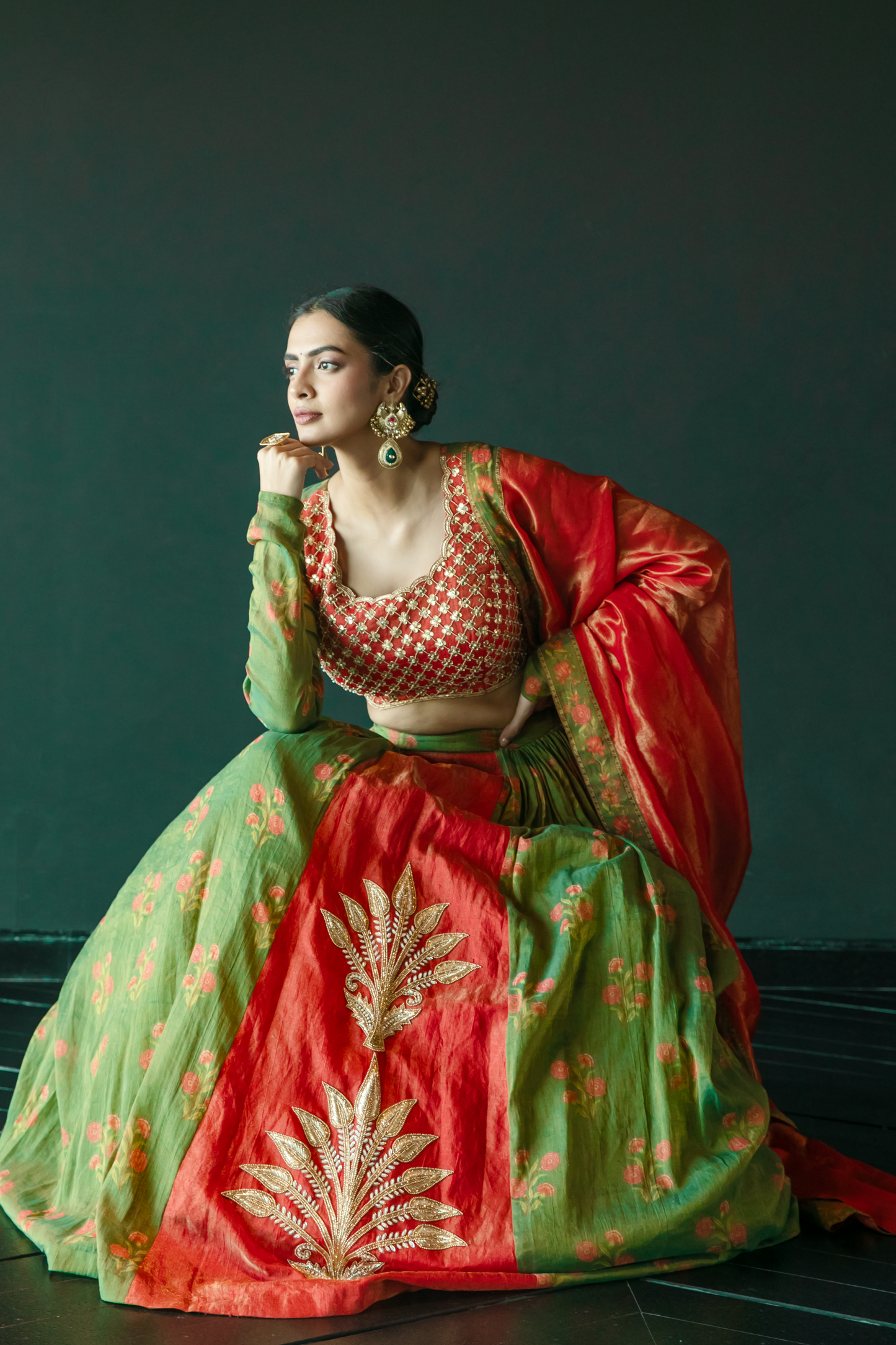 Kalpaha Green & Orange Lehenga
