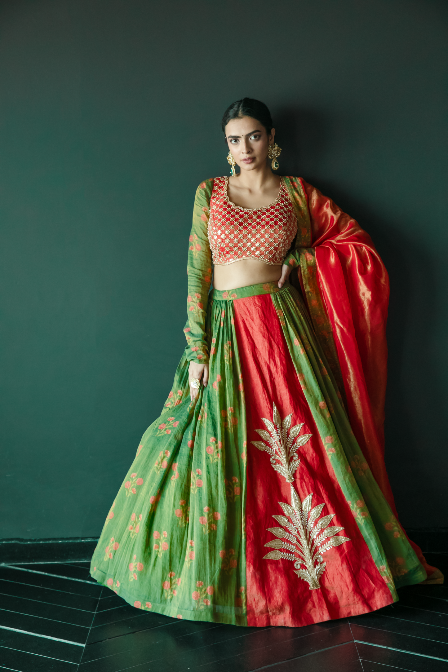 Kalpaha Green & Orange Lehenga