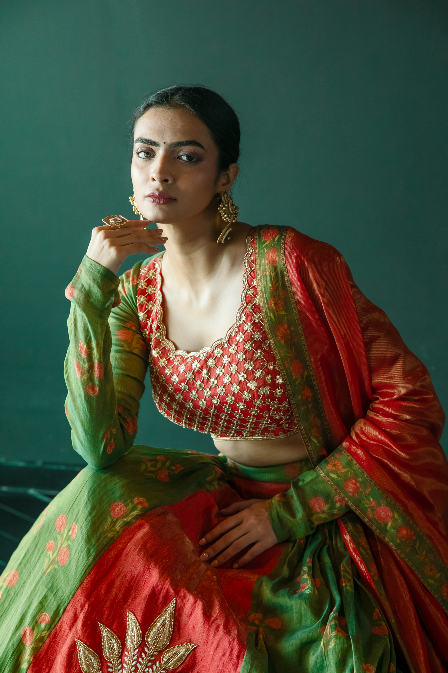 Kalpaha Green & Orange Lehenga