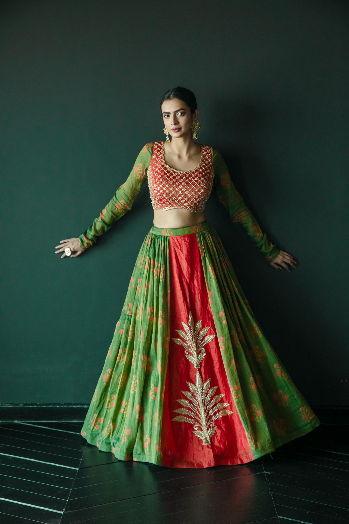 Kalpaha Green & Orange Lehenga