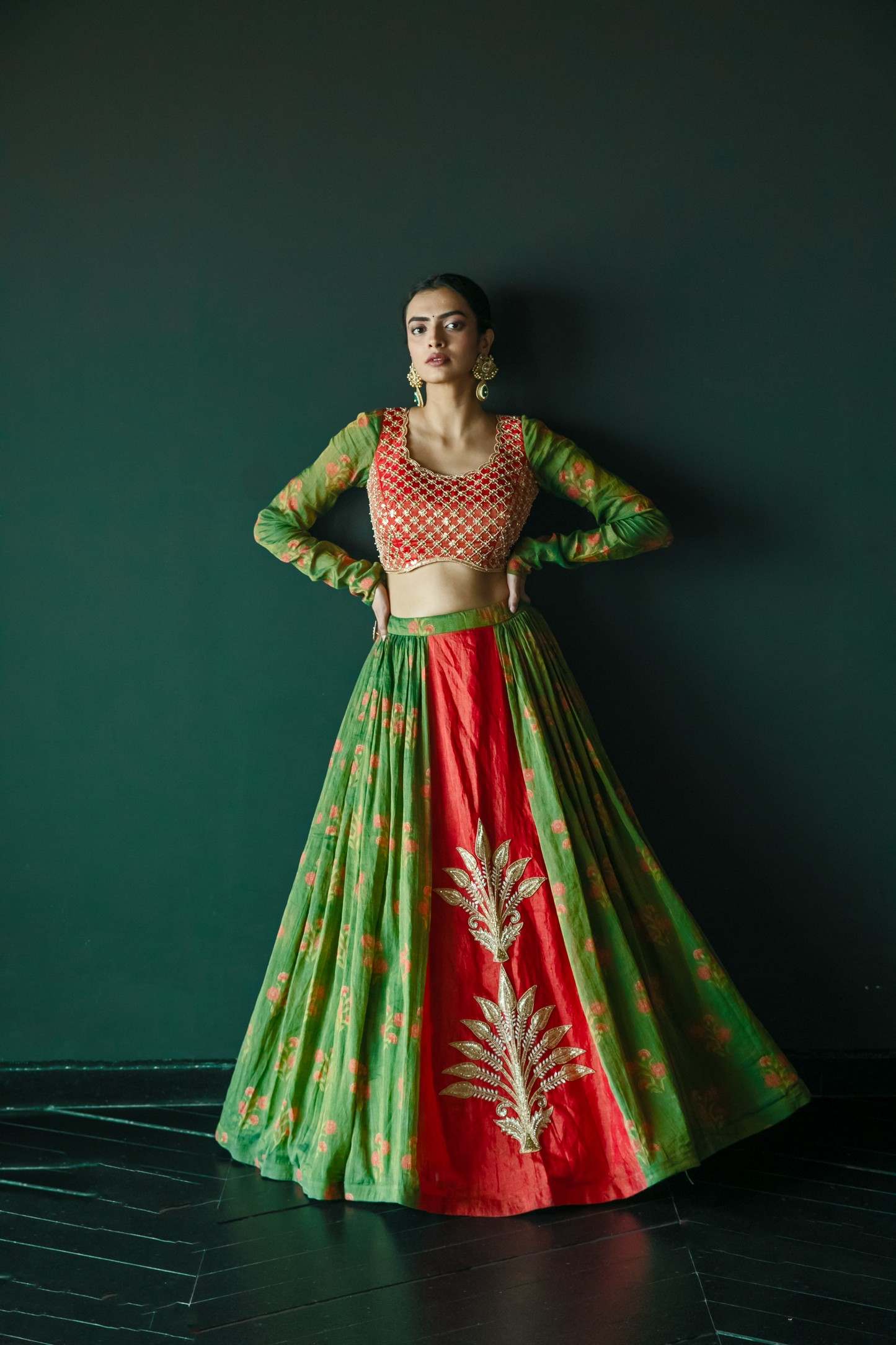 Kalpaha Green & Orange Lehenga