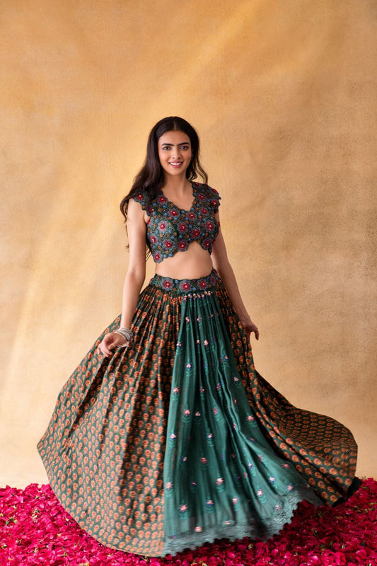 Green Floral Lehenga