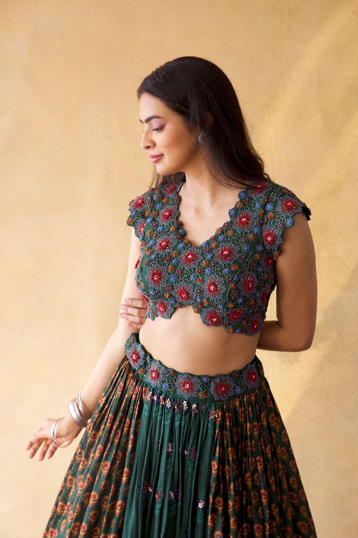 Green Floral Lehenga