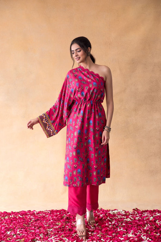 Pink One Shoulder Kurta & Pants