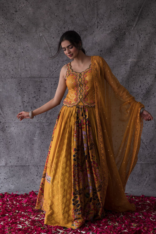 Mustard Floral Print Lehenga