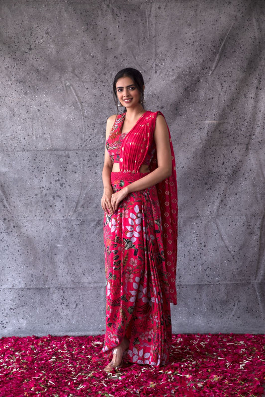 Pink Draped Saree & Blouse