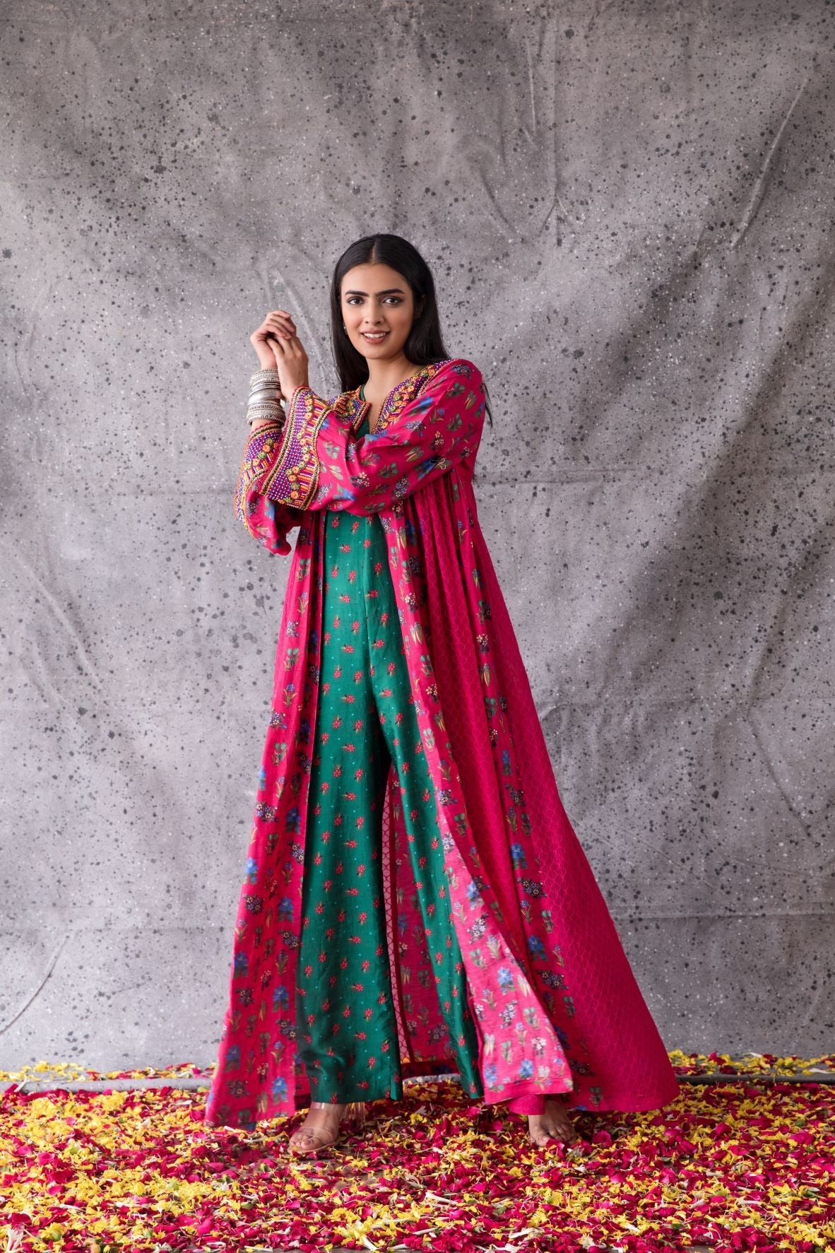 Pink Floral Print Jacket With Jumpsuit