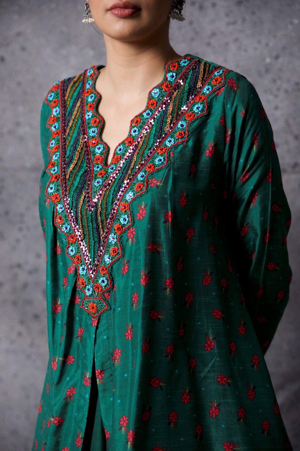 Green Floral Kurta & Skirt