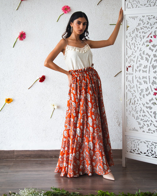 Orange Flowery Skirt Set