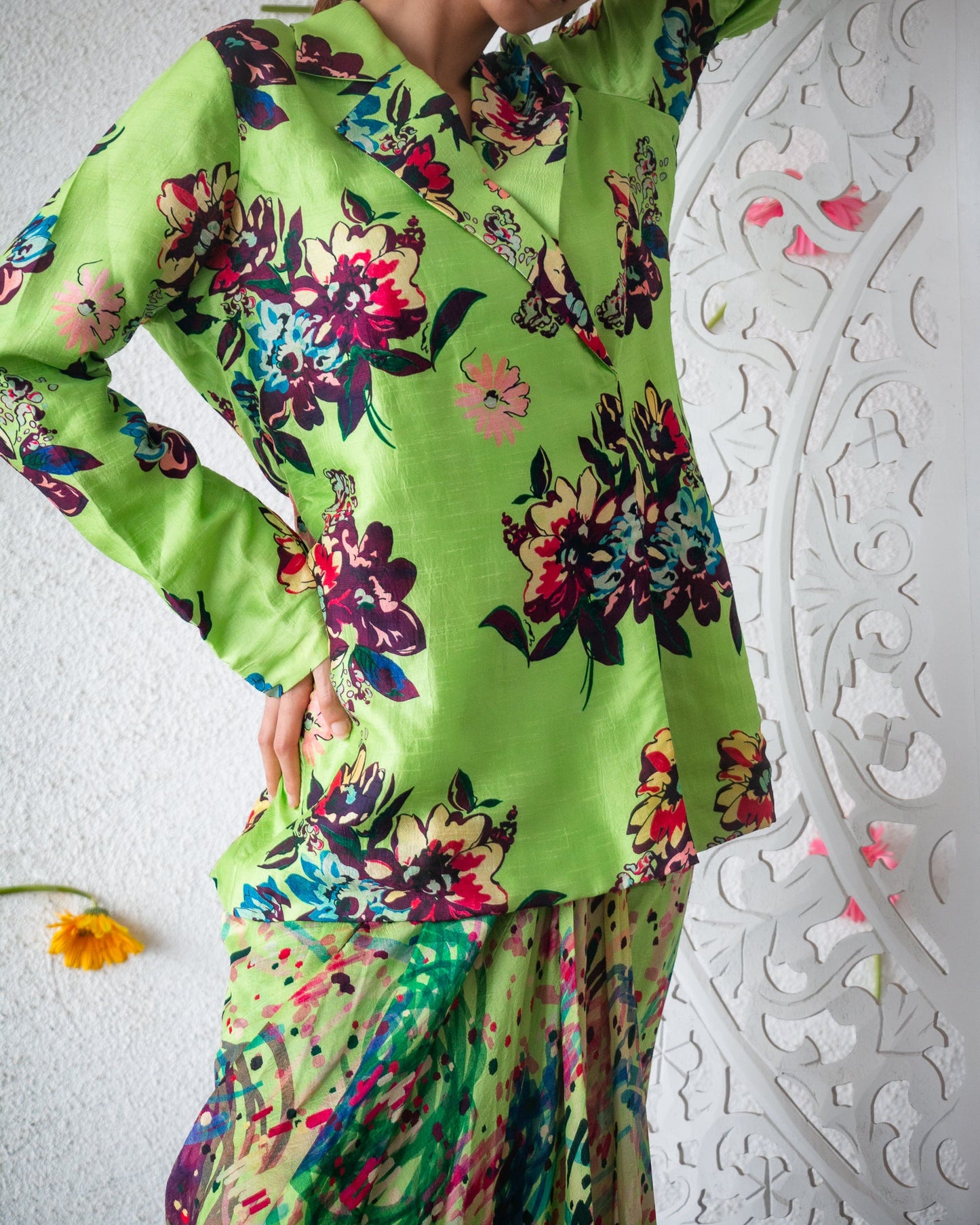 Green Flowery Skirt Set