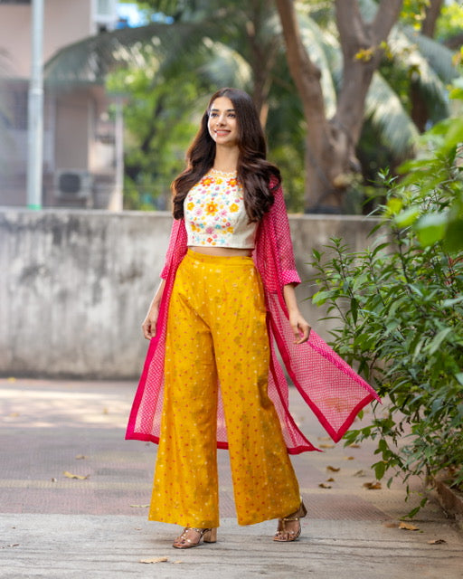 Yellow Palazzo, White Blouse & Pink Jacket