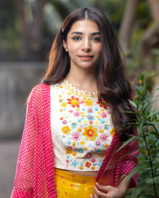 Yellow Palazzo, White Blouse & Pink Jacket