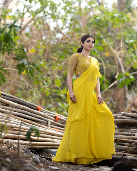 Yellow Stitched Saree