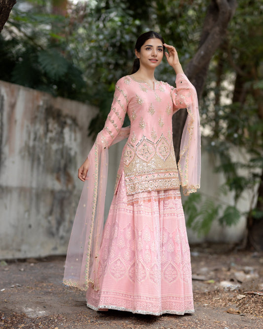 Peach Short Kurta & Lehenga