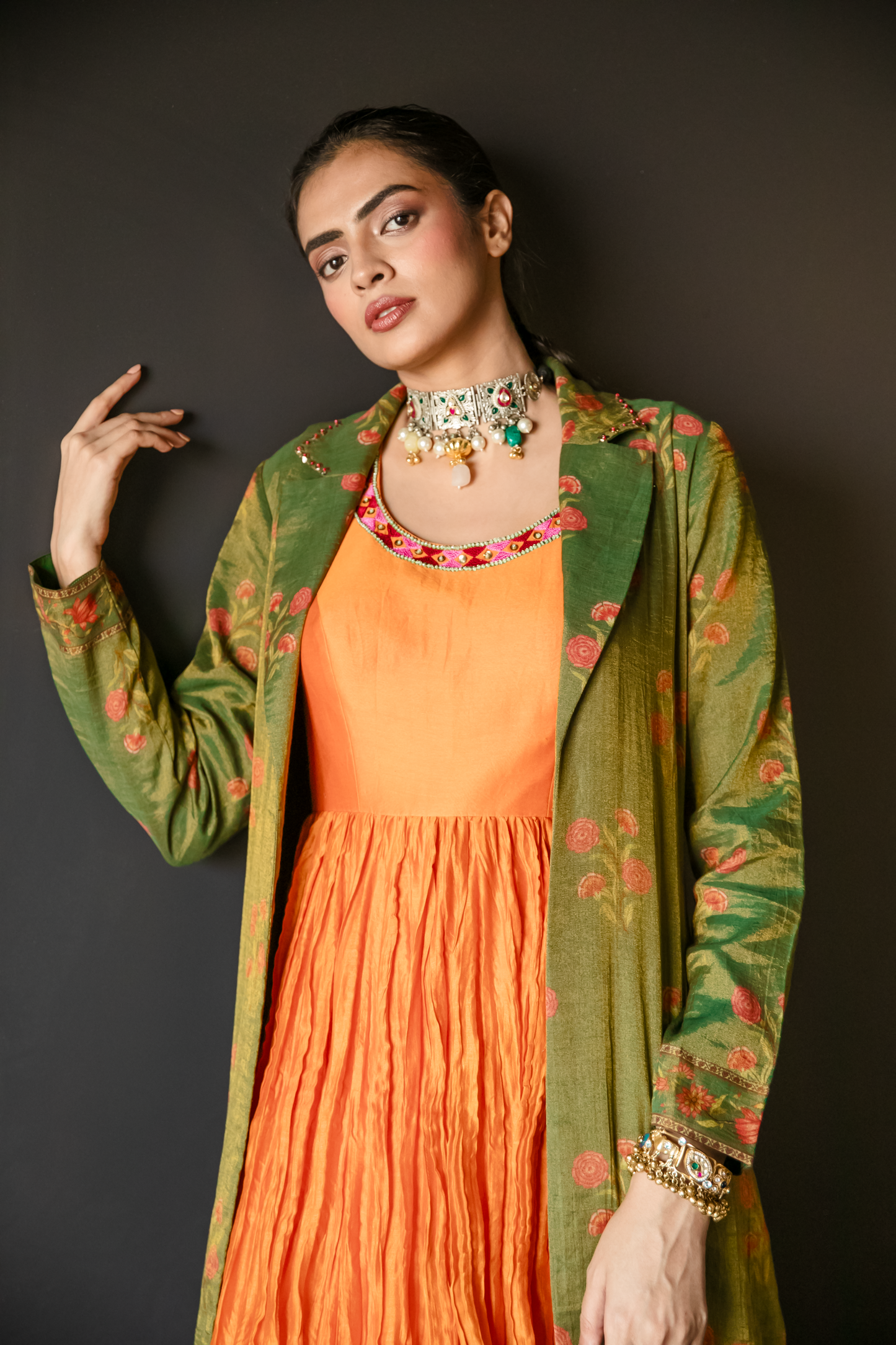 Kalpaha Orange Crush Dress With Jacket
