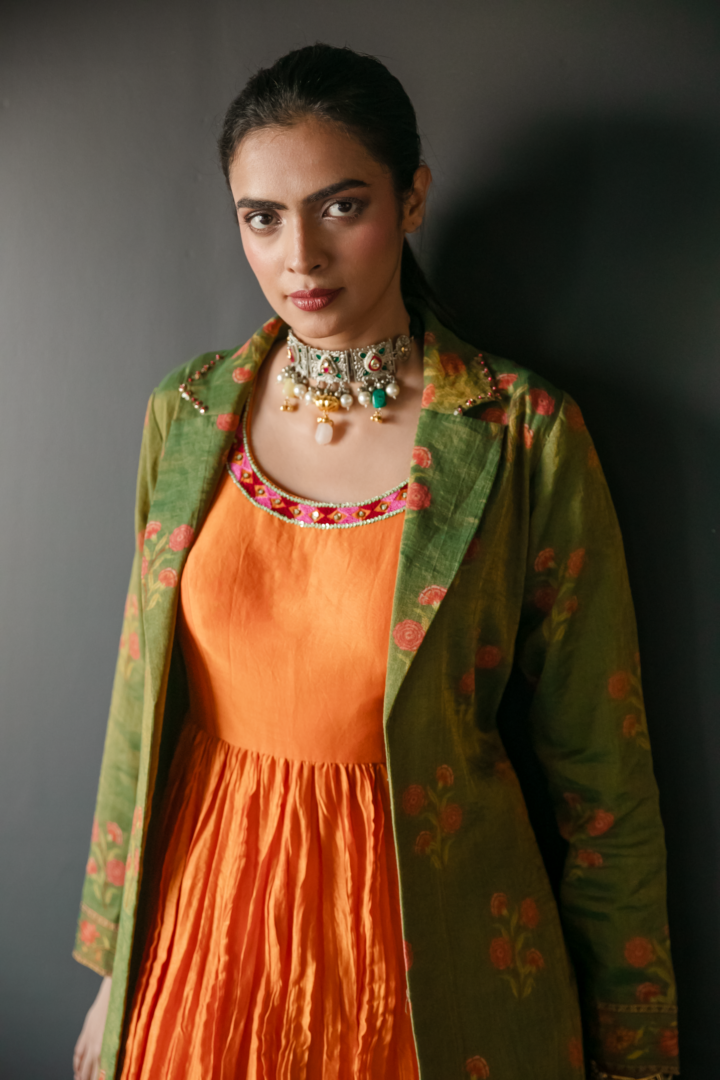 Kalpaha Orange Crush Dress With Jacket