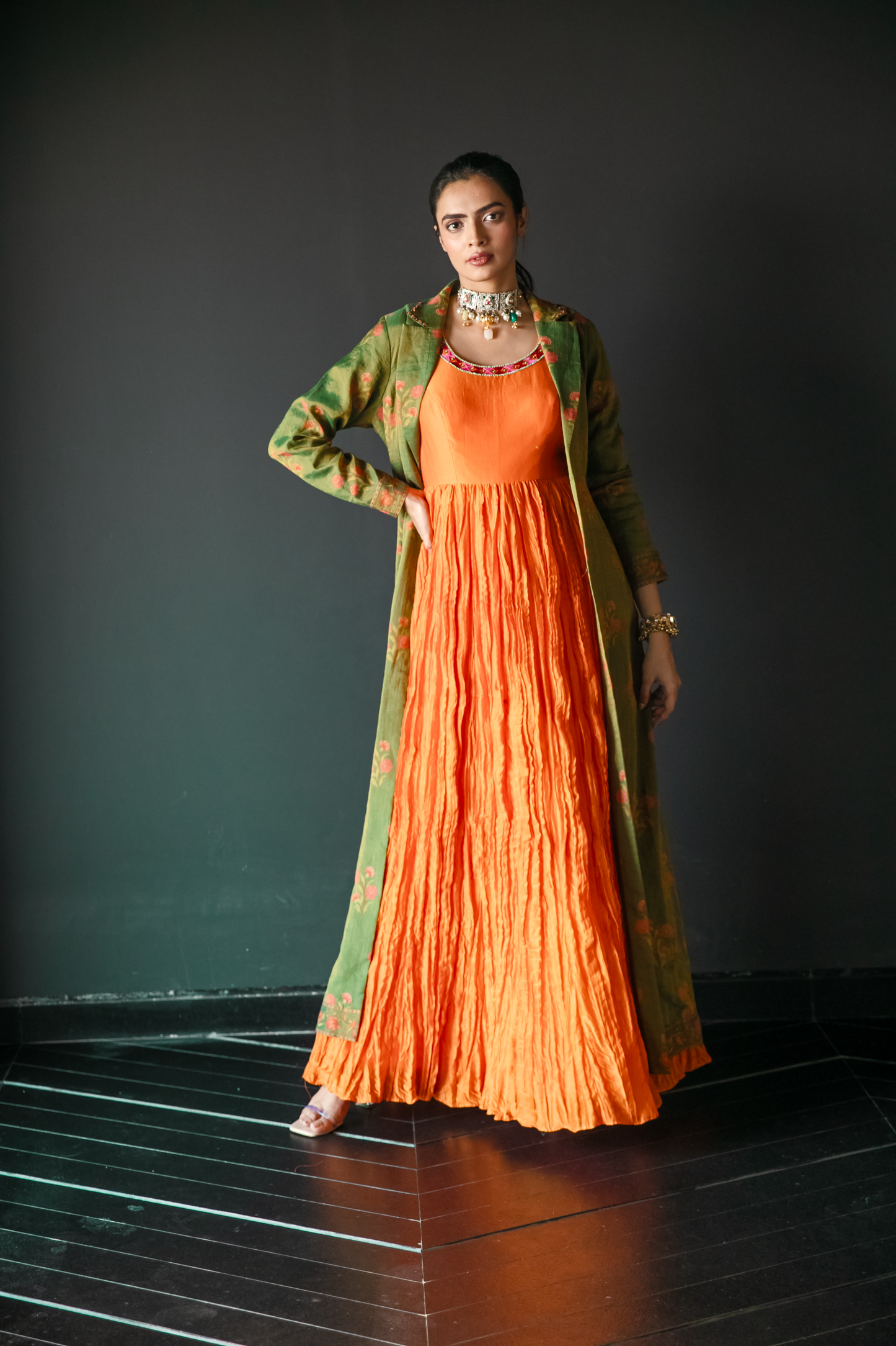 Kalpaha Orange Crush Dress With Jacket