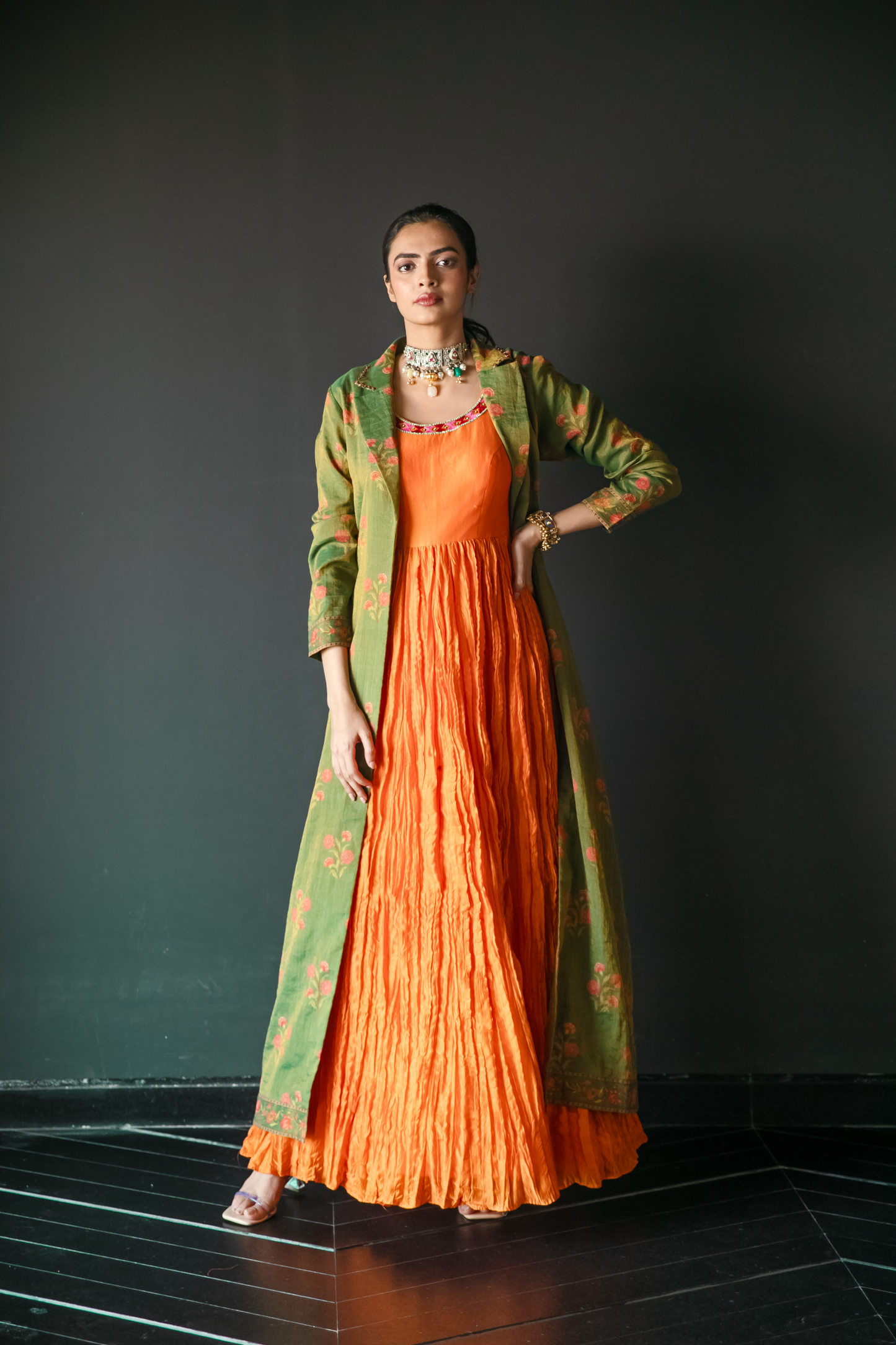 Kalpaha Orange Crush Dress With Jacket