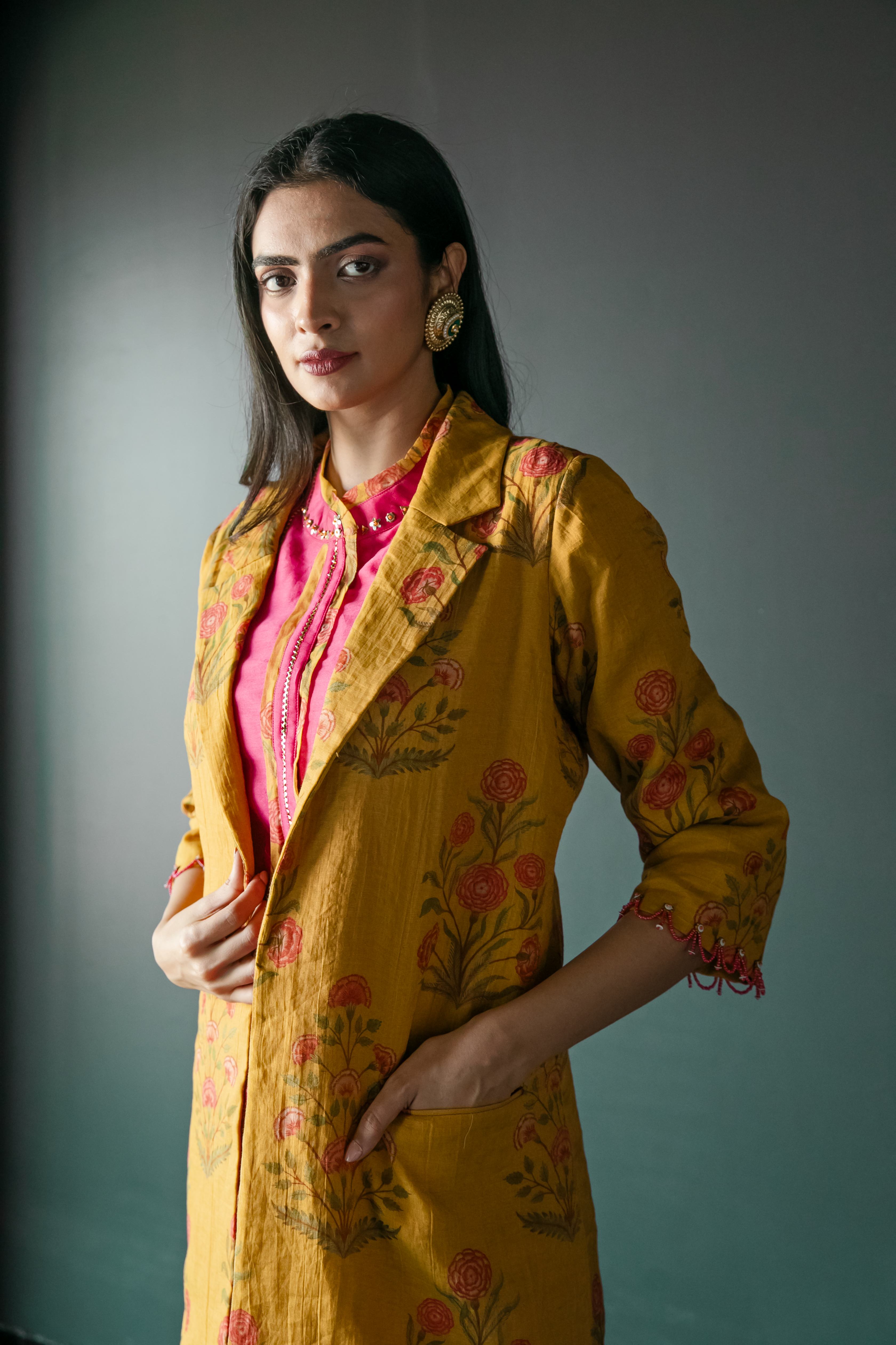 Pink Kurta Pants & Yellow Jacket