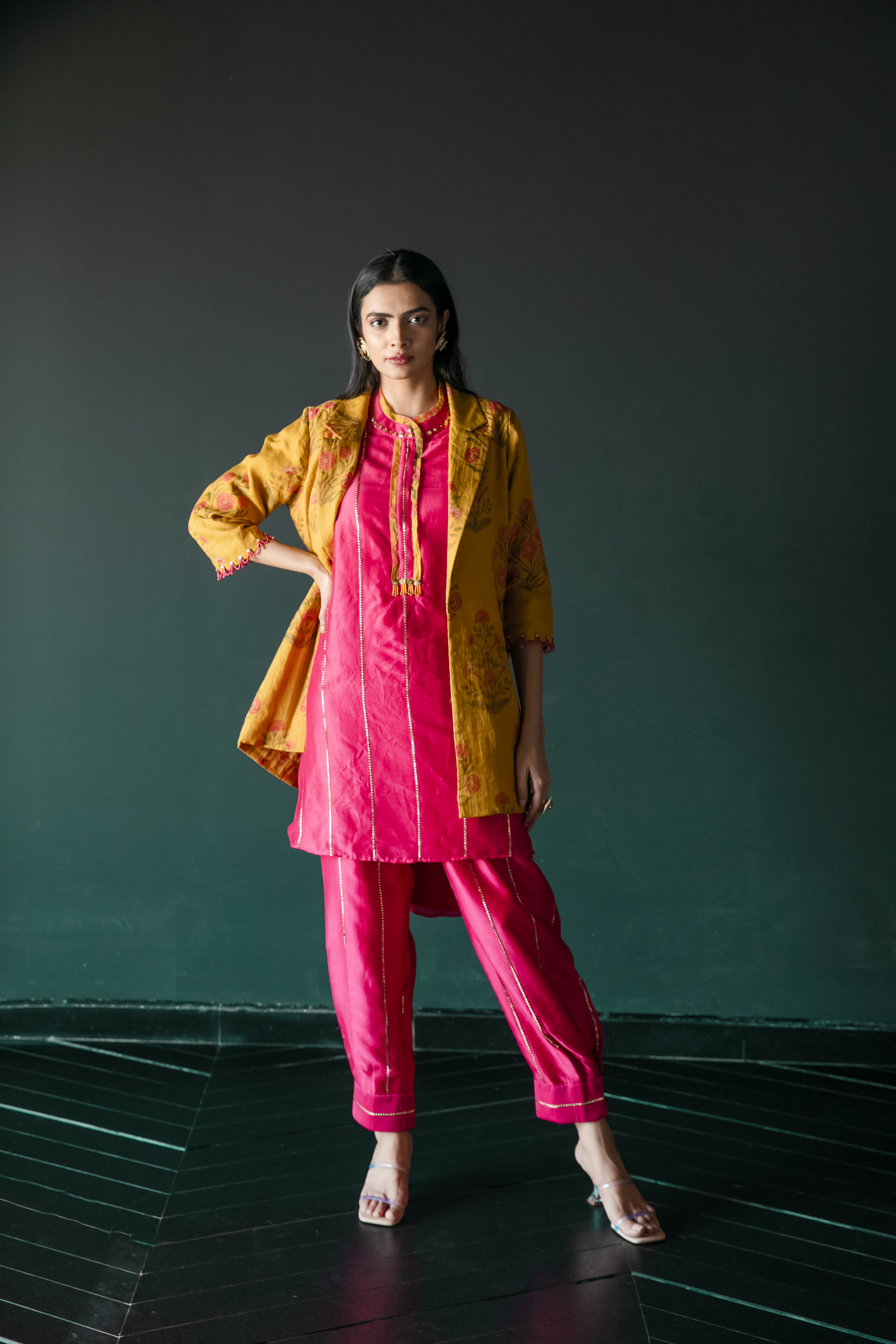 Pink Kurta Pants & Yellow Jacket