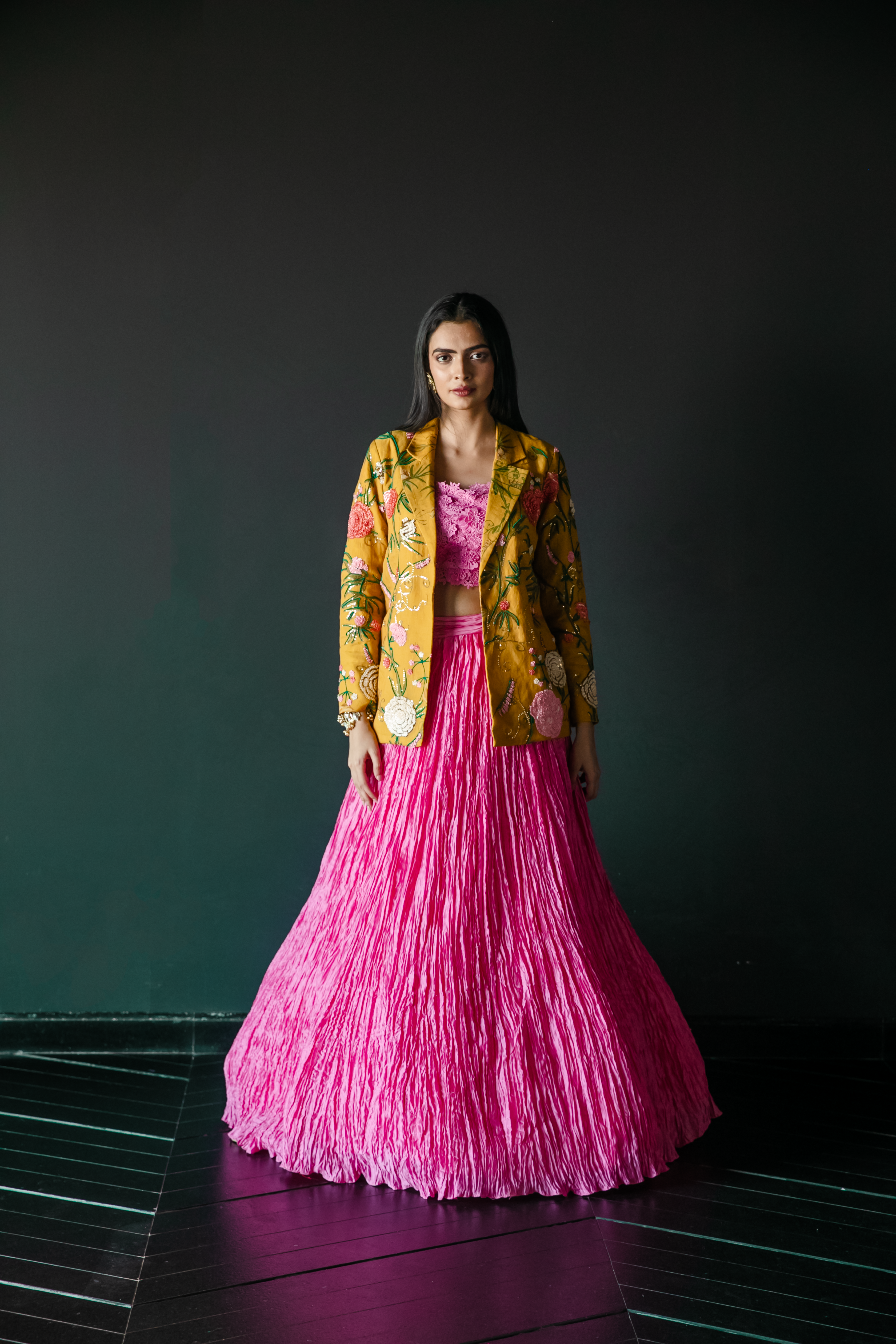 Yellow Jacket With Pink Lehenga & Blouse