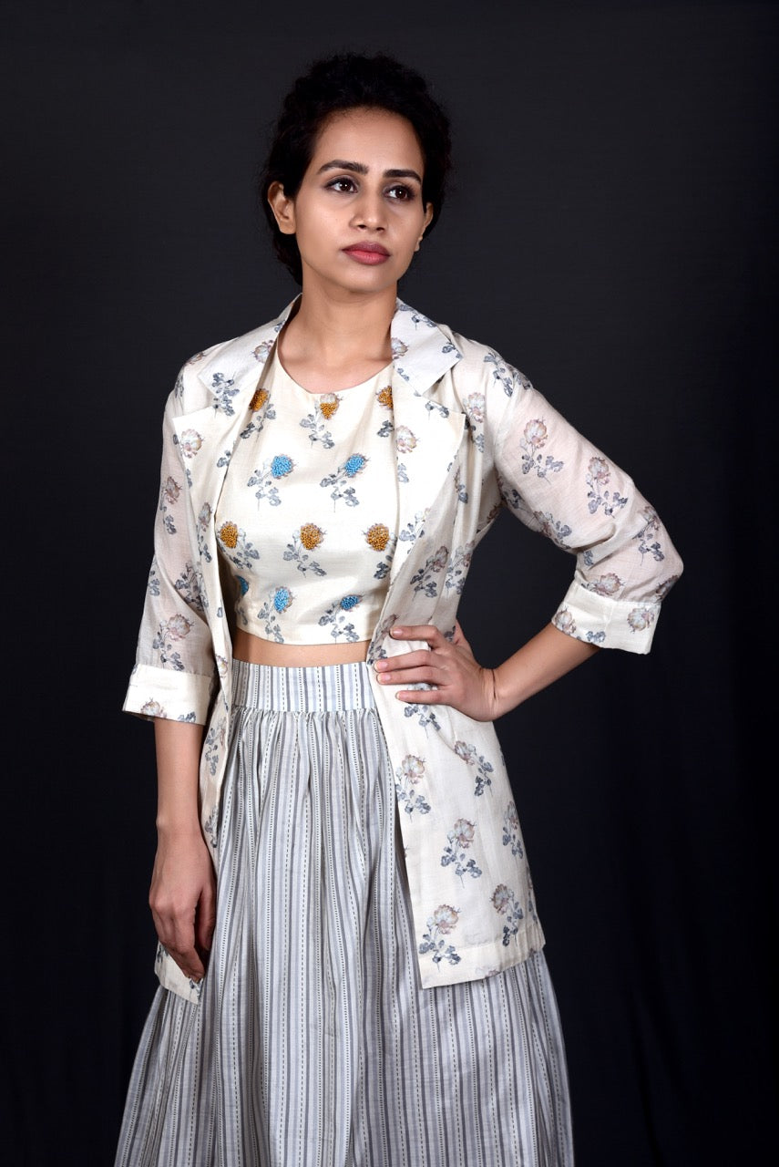 Grey & White Skirt Set